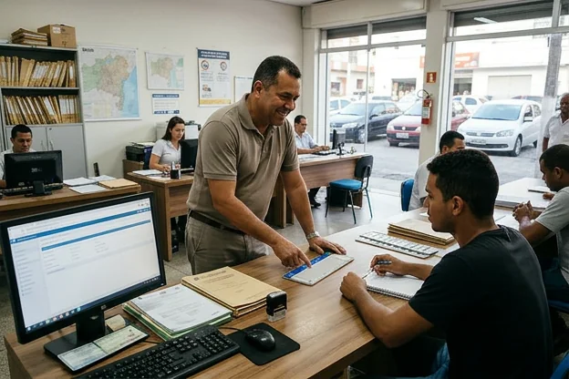 Despachante dando orientações sobre emplacamento de veículos em Santo Antônio de Jesus.